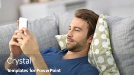  Presentation with man relaxing on massage table - Beautiful theme featuring man relaxing in sofa and playing with smartphone backdrop and a ocean colored foreground