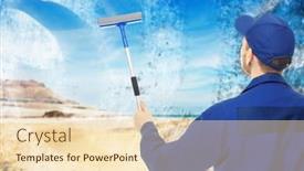  Presentation with cleaning service - PPT theme featuring man-removing-dirt-from-glass background and a lemonade colored foreground