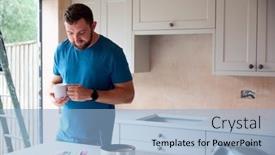  Presentation with kitchen - PPT theme enhanced with man-renovating-kitchen-at-home background and a  colored foreground
