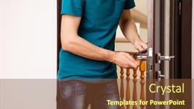  Presentation with doorknob - PPT theme with man-repairing-a-doorknob-handyman background and a tawny brown colored foreground
