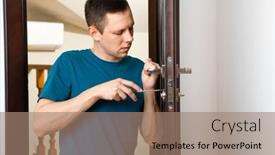  Presentation with doorknob - PPT layouts featuring man-repairing-a-doorknob-handyman background and a coral colored foreground