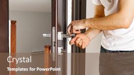  Presentation with doorknob - Cool new PPT theme with man-repairing-a-doorknob backdrop and a violet colored foreground