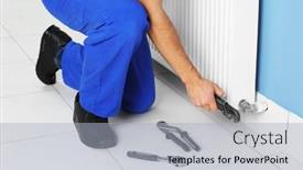  Presentation with battery - Slide deck enhanced with man repairing battery on blue wall background background and a light gray colored foreground