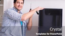 Presentation with broken home - Beautiful PPT theme featuring man repairing broken tv at home backdrop and a dark gray colored foreground