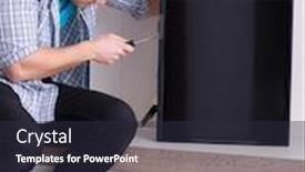  Presentation with broken home - PPT theme with man-repairing-broken-tv background and a wine colored foreground