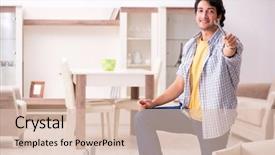  Presentation with home - Presentation design with man repairing chair at home background and a lemonade colored foreground