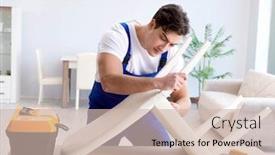  Presentation with elephant in the room - PPT theme having man-repairing-chair background and a soft green colored foreground