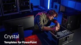  Presentation with system computer - Presentation design featuring man-repairing-computer-system-unit background and a navy blue colored foreground