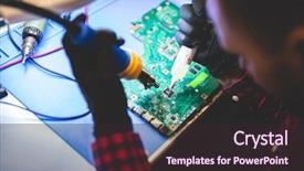  Presentation with hardware computer - Audience pleasing PPT theme consisting of man repairing cpu board backdrop and a wine colored foreground