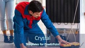  Presentation with fridge - Theme enhanced with man-repairing-fridge-with-customer background and a ocean colored foreground