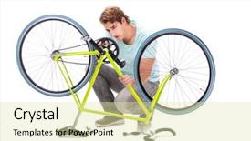  Presentation with old big bike on white - Audience pleasing theme consisting of man repairing his bike isolated backdrop and a soft green colored foreground