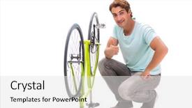  Presentation with bike - Cool new slides with man repairing his bike isolated backdrop and a light gray colored foreground