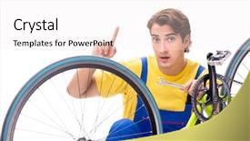  Presentation with old big bike on white - Theme featuring man repairing his bike isolated background and a sky blue colored foreground