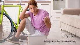  Presentation with stationary bicycle generators - PPT theme consisting of man repairing his broken bicycle background and a light gray colored foreground