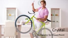  Presentation with bicycle - Beautiful presentation theme featuring man repairing his broken bicycle backdrop and a soft green colored foreground