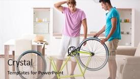  Presentation with stationary bicycle generators - Colorful theme enhanced with man repairing his broken bicycle backdrop and a soft green colored foreground