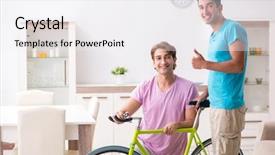  Presentation with bicycle generator - Presentation theme having man repairing his broken bicycle background and a white colored foreground