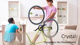  Presentation with bicycle - Presentation theme featuring man repairing his broken bicycle background and a soft green colored foreground