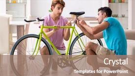  Presentation with stationary bicycle generators - PPT theme with man repairing his broken bicycle background and a coral colored foreground