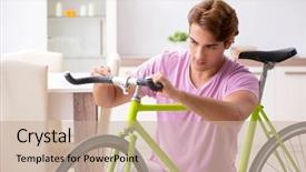  Presentation with stationary bicycle generators - Presentation theme having man repairing his broken bicycle background and a soft green colored foreground