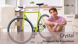  Presentation with bicycle - Slides with man repairing his broken bicycle background and a mint green colored foreground