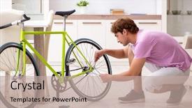  Presentation with bicycle - Cool new PPT theme with man repairing his broken bicycle backdrop and a mint green colored foreground