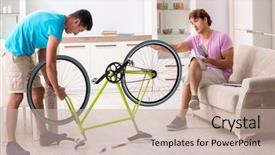  Presentation with bicycle - Cool new presentation theme with man repairing his broken bicycle backdrop and a mint green colored foreground
