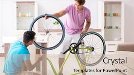  Presentation with bicycle - Colorful theme enhanced with man repairing his broken bicycle backdrop and a soft green colored foreground