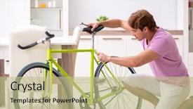  Presentation with stationary bicycle generators - PPT theme consisting of man repairing his broken bicycle background and a mint green colored foreground