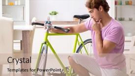  Presentation with stationary bicycle generators - Presentation theme with man repairing his broken bicycle background and a coral colored foreground