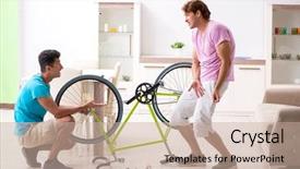  Presentation with bicycle generator - PPT theme consisting of man repairing his broken bicycle background and a soft green colored foreground
