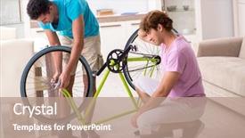  Presentation with carbon fiber bicycle frame - Colorful slide set enhanced with man repairing his broken bicycle backdrop and a coral colored foreground