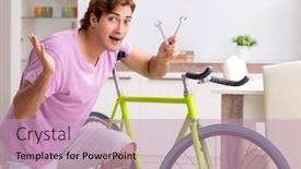  Presentation with bicycle - PPT theme featuring man-repairing-his-broken-bicycle background and a coral colored foreground