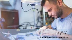  Presentation with electronics - Slide set having man-repairing-mobile-phone-electronics background and a light blue colored foreground