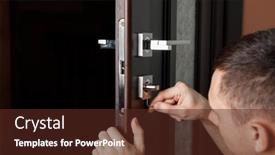  Presentation with man door - Presentation design enhanced with man-repairing-the-doorknob-carpenter background and a tawny brown colored foreground