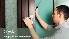  Presentation with doorknob - Cool new slide deck with man-repairing-the-doorknob-carpenter backdrop and a gray colored foreground