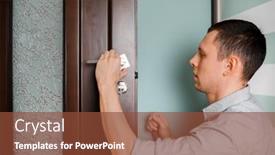  Presentation with doorknob - PPT theme enhanced with man-repairing-the-doorknob-carpenter background and a tawny brown colored foreground
