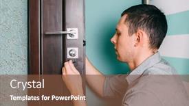  Presentation with doorknob - Presentation design consisting of man-repairing-the-doorknob-carpenter background and a tawny brown colored foreground