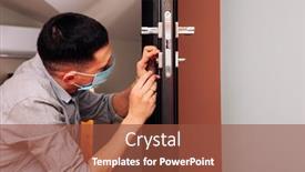  Presentation with doorknob - Presentation design having man-repairing-the-doorknob-closeup background and a tawny brown colored foreground