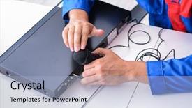  Presentation with multimedia service center - Audience pleasing theme consisting of man repairman repairing dvd player backdrop and a light blue colored foreground