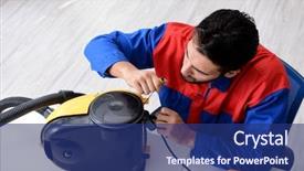  Presentation with vacuum cleaner robot - Cool new PPT theme with man repairman repairing vacuum cleaner backdrop and a ocean colored foreground