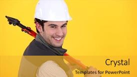  Presentation with shoulder - Cool new presentation with man resting large bolt cutters over shoulder backdrop and a gold colored foreground