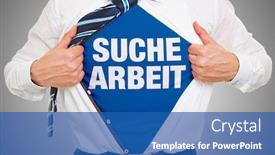  Presentation with slogan - Presentation design consisting of man-reveals-slogan-suche-arbeit background and a ocean colored foreground