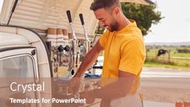  Presentation with coffee shop - Slide set consisting of man-running-independent-mobile-coffee background and a coral colored foreground