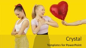  Presentation with gifting - Audience pleasing PPT theme consisting of man's hand gifting heart shaped balloon to surprised woman with friend feeling left out standing behind backdrop and a gold colored foreground