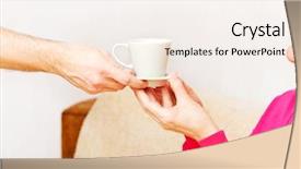  Presentation with tea cup - Audience pleasing presentation consisting of man's hand giving cup of tea or coffee to senior woman backdrop and a sky blue colored foreground