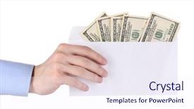  Presentation with envelope - Beautiful PPT layouts featuring man's hand holding an envelope with dollars on white background backdrop and a sky blue colored foreground