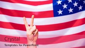  Presentation with united states flag - Presentation theme having man-s-hand-showing-victory background and a coral colored foreground