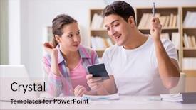  Presentation with nurse discussing family - Slide set consisting of documents saving - young family discussing family finances background and a soft green colored foreground