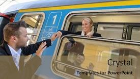  Presentation with saying goodbye - Amazing PPT layouts having man saying goodbye to woman backdrop and a coral colored foreground